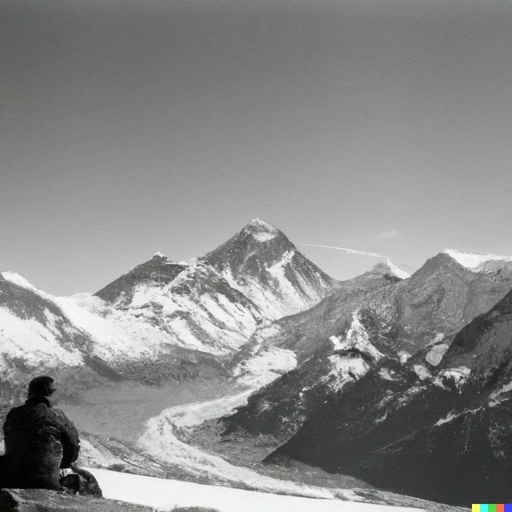 someone gazing at Mount Everest, photograph taken on Ilford Delta 400 film